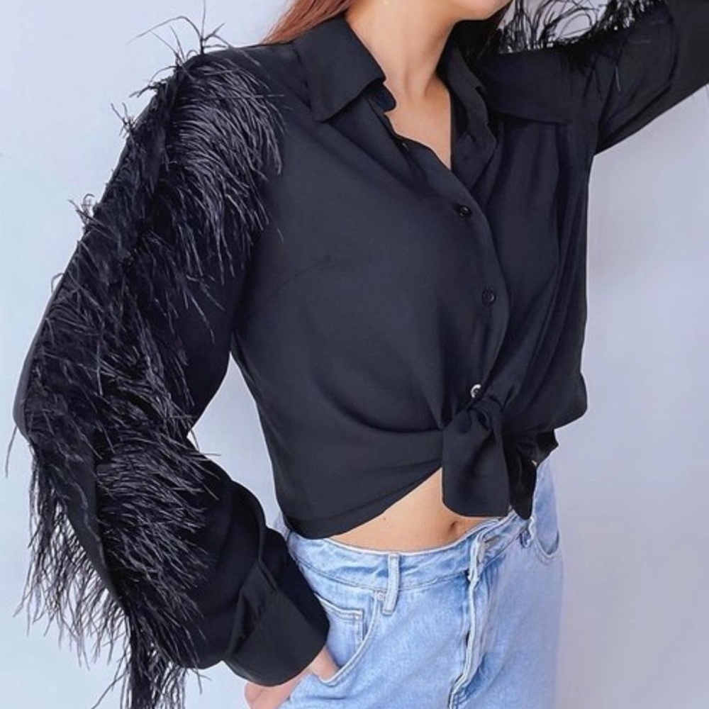 Black Feather Button Up